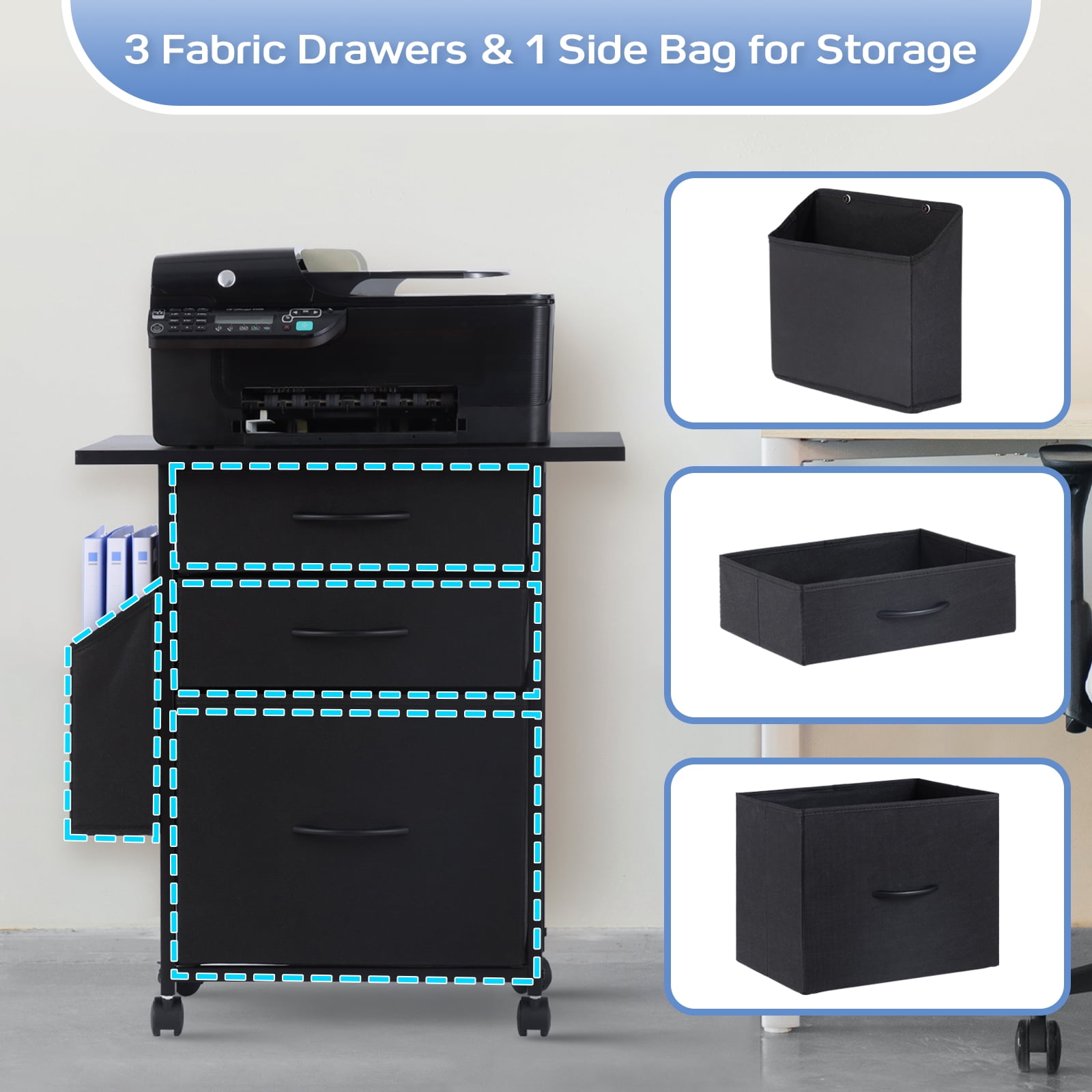 KATHY&BOB Printer Stand with 3 Fabric Drawers, Mobile File Cabinet, Desk Table Cabinet Fits A4 Letter Size, Home Office Furniture, Black