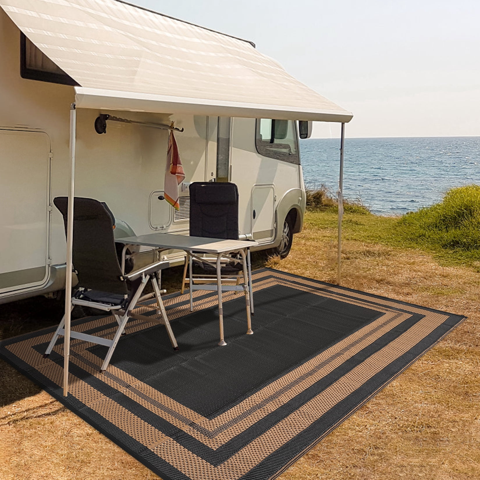HIWEAVER 9' x 18' Black/Brown Outdoor Rug PP Plastic Straw Woven Waterproof Patio Rug with Border Portable Outside Carpet for Balcony Deck Picnic Garden Decor