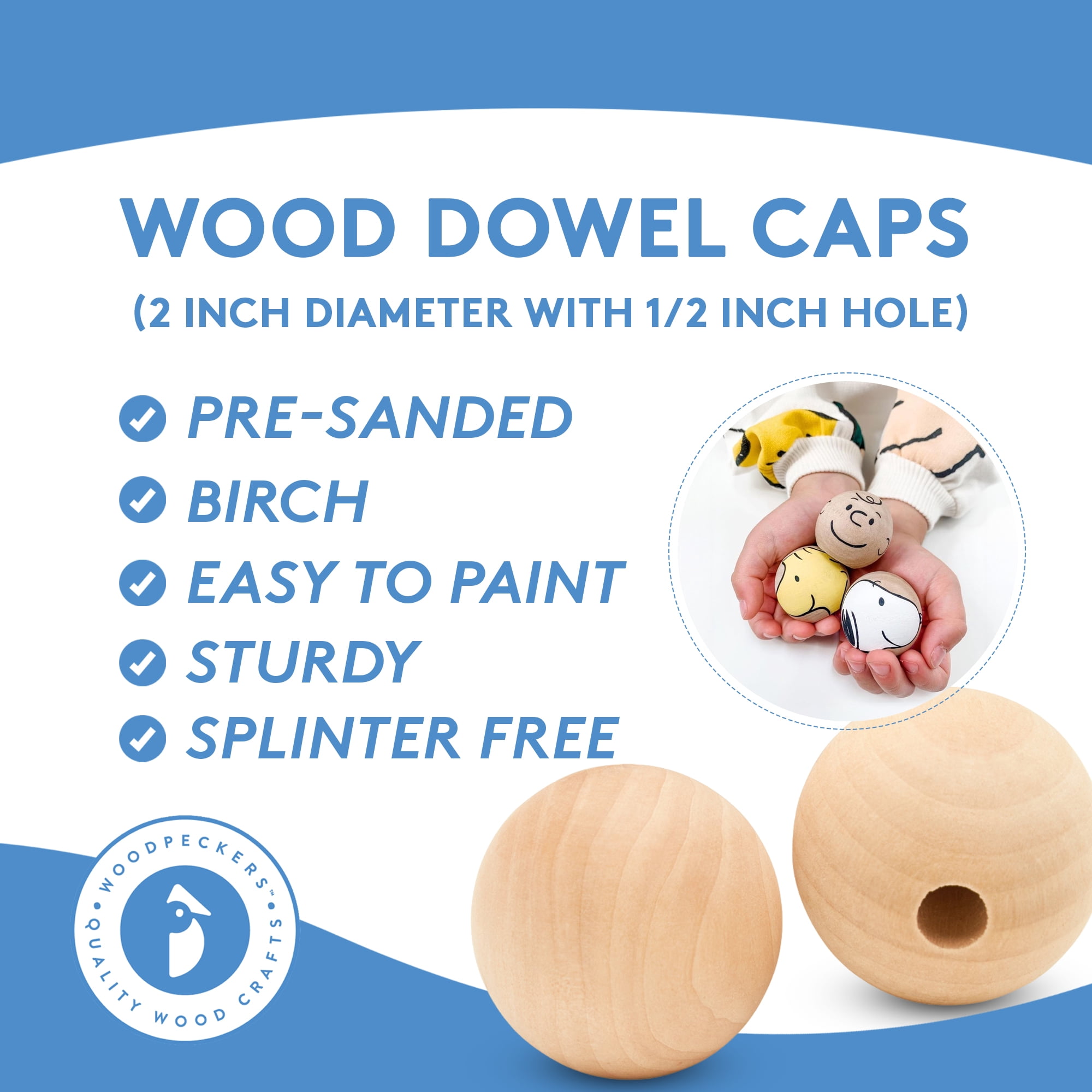 Wood Dowel Caps 2 inch Diameter with 1/2 inch Hole, 24 Unfinished Dowel Rod Caps for Dowel Rods, Crafts, & DIYers, by Woodpeckers