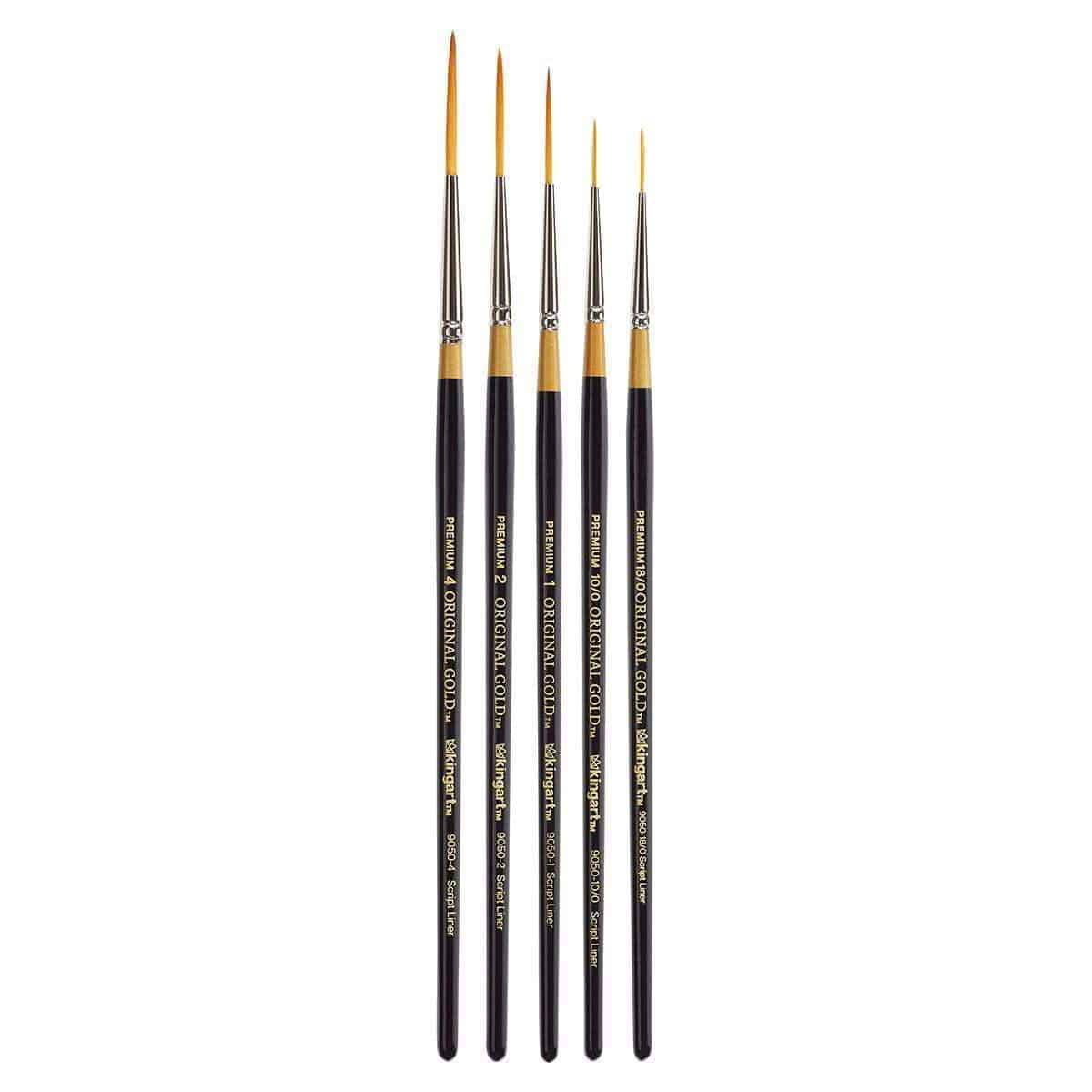 KINGART Original Gold 9050 Script Liner Series Premium Golden Taklon Multimedia Artist Brushes, Set of 5