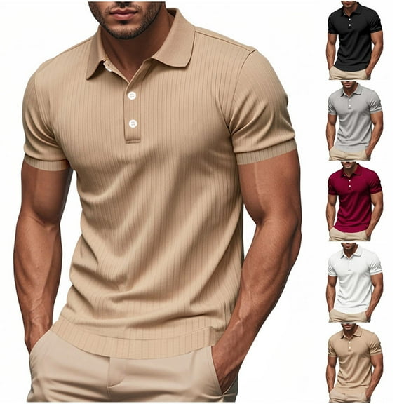HAOTAGS Mens Polo Shirts Athletic Golf Polo Shirts Lapel Buttoned Casual Classic Fit Soft Breathable Short Sleeve Tops Khaki Size L