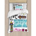 thumbnail image 3 of Live Laugh Love Duvet Cover Set Queen Size, Lively Colors Cartoon Arrows with Geometric Shapes Kiss Hearts Phrase Print, Decorative 3 Piece Bedding Set with 2 Pillow Shams, Multicolor, by Ambesonne, 3 of 3