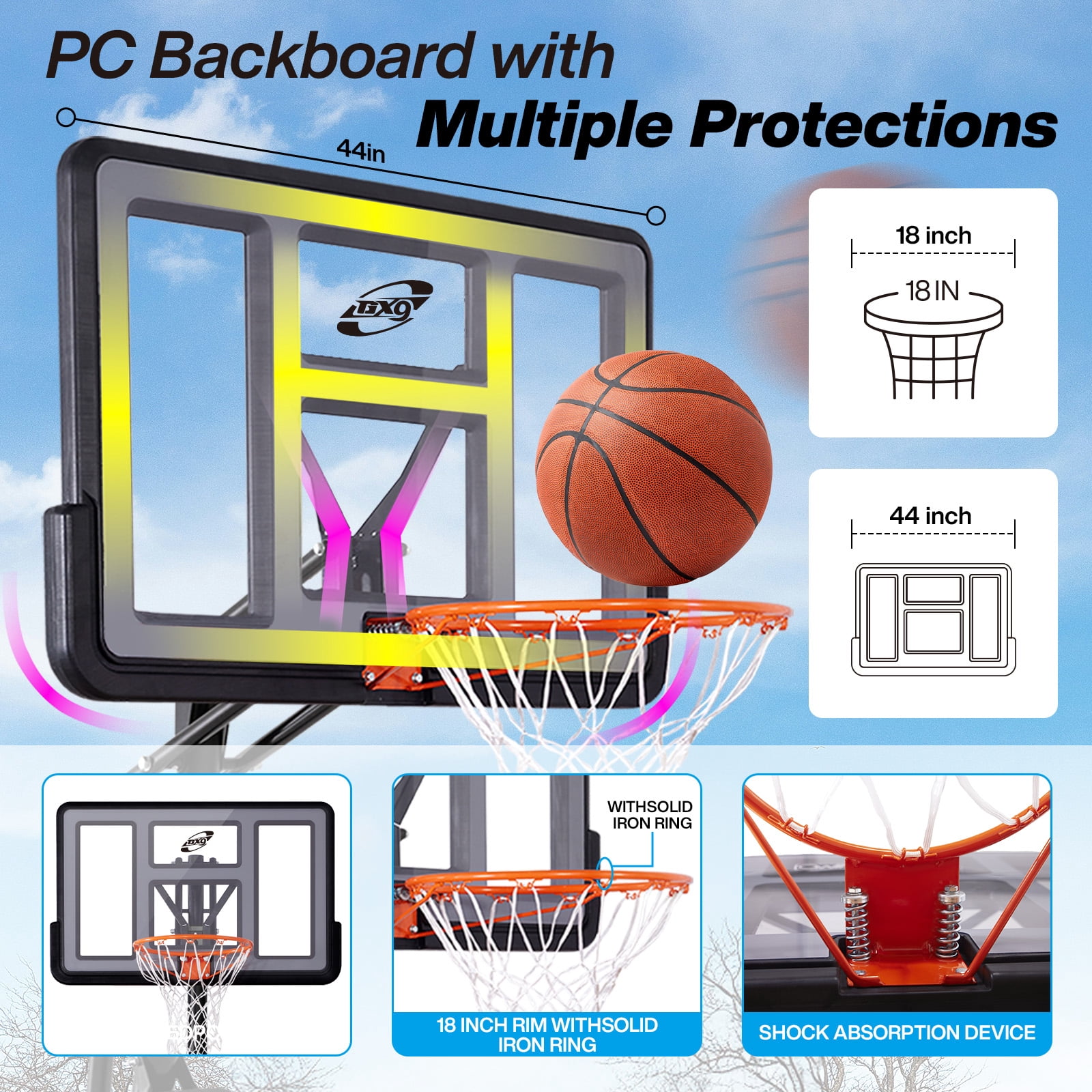 Basketball Hoop Outdoor,Portable Basketball Hoop with Wheels,5.3-10 feet Height Adjustable Basketball Hoop with 44 inch Backboard