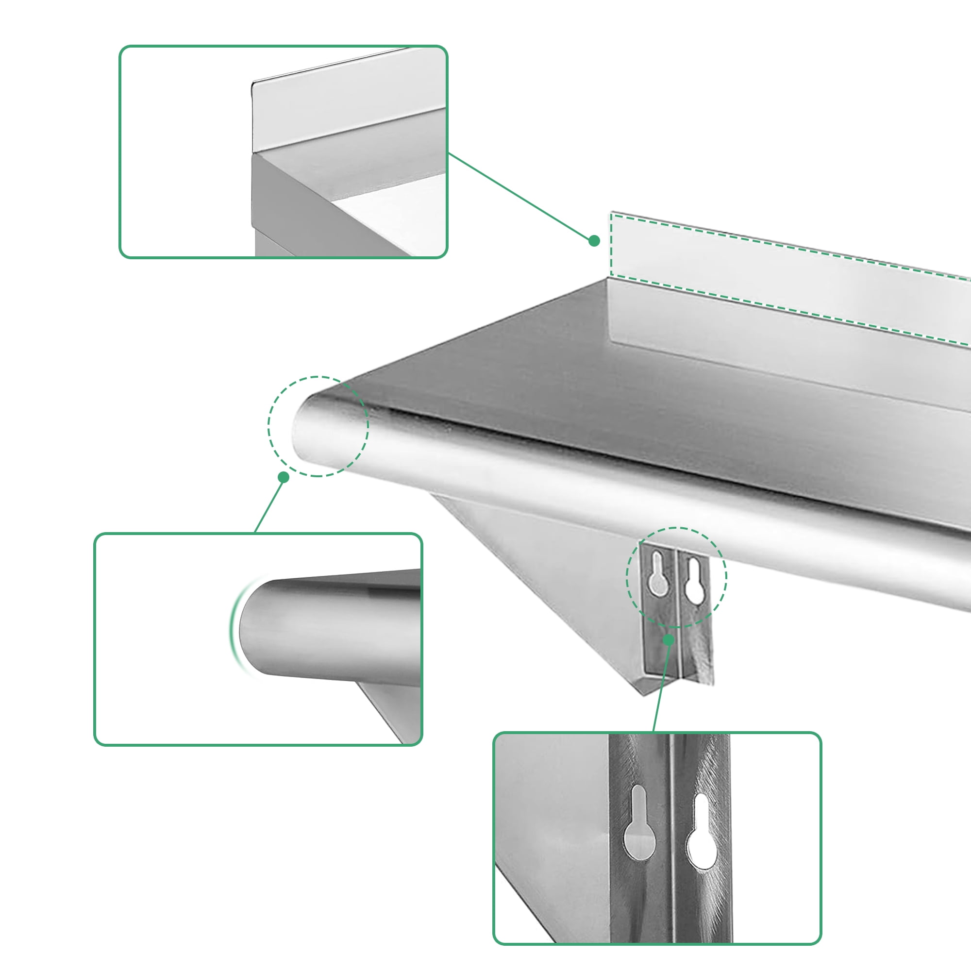 RSN Trend Stainless Steel Shelf 10 x 16 Inches 190lb, 2 Pack NSF Metal Commercial Shelves Wall Mount Floating Shelving with Backsplash for Restaurant, Kitchen, Home and Hotel, Silver