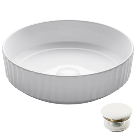 KRAUS Viva Round White Porcelain Ceramic Vessel Bathroom Sink with Pop-Up Drain, 15 3/4 in. D x 4 3/4 in. H