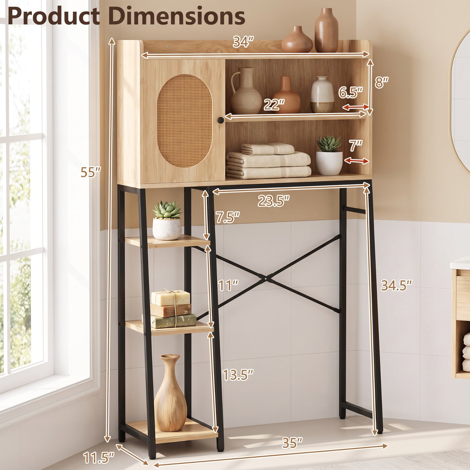 Vebreda Over-the-Toilet Storage, Over The Toilet Storage Cabinet with PE Rattan Door and Open Storage Shelves, Diverse and Flexible Storage Space