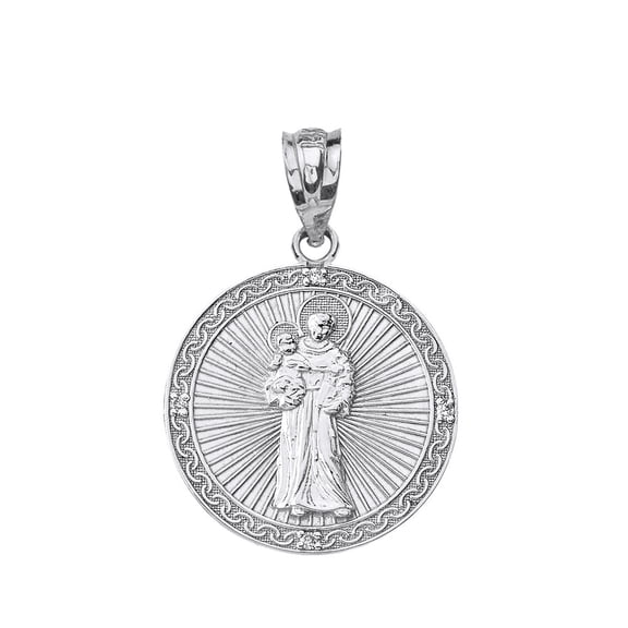 .925 Sterling Silver CZ Saint Anthony Pray For Us Circle Pendant Necklace 1.06"(Pendant Only)