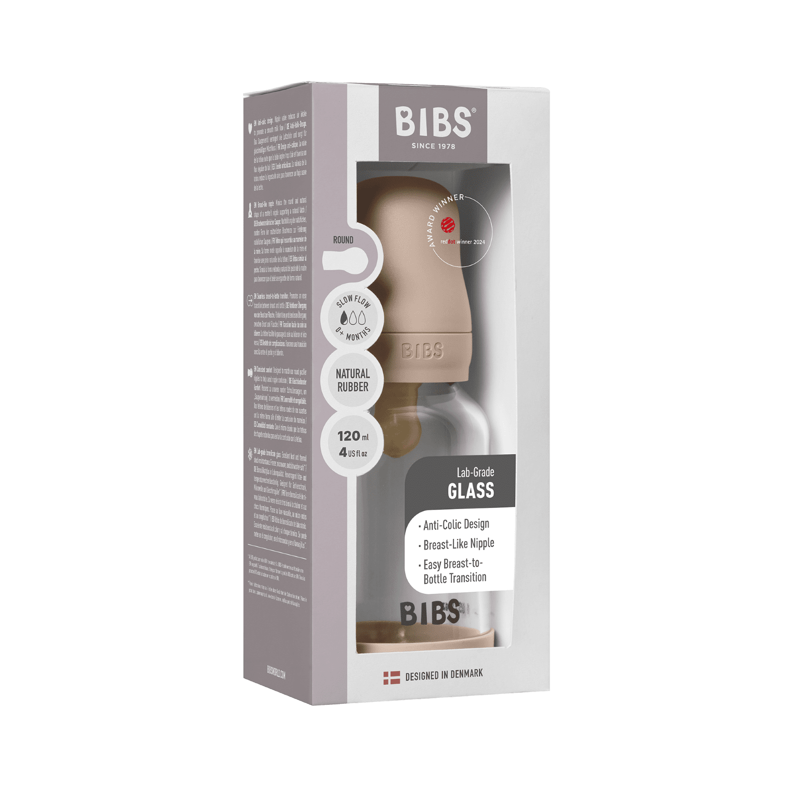 BIBS Glass Baby Bottle with Slow Flow Latex Nipple, 4 oz, Blush, 1 Each