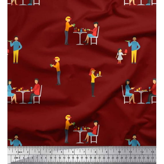 Soimoi Silk Fabric Girl & Waiter Men Print Fabric by Yard 42 Inch Wide