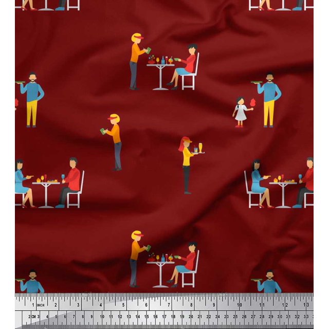 Soimoi Rayon Fabric Girl & Waiter Men Print Sewing Fabric Yard 56 Inch Wide