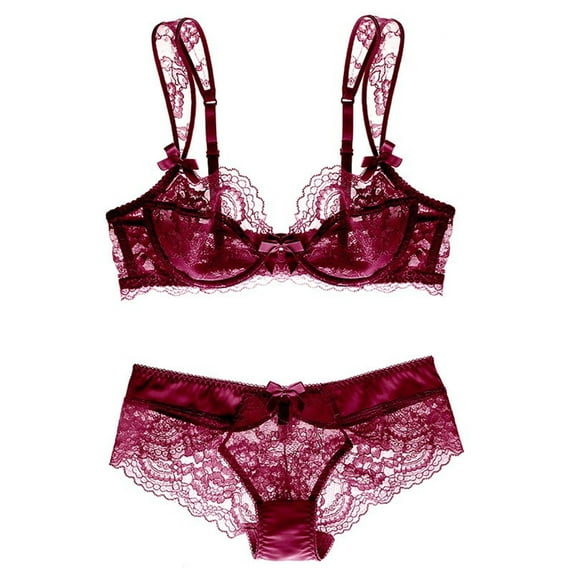 Uhndy Unlined Underwire Lace Bra for Women,Womens Bra and Panty Sets Sexy Solid Bralette for Ladie Winered 32E Bra