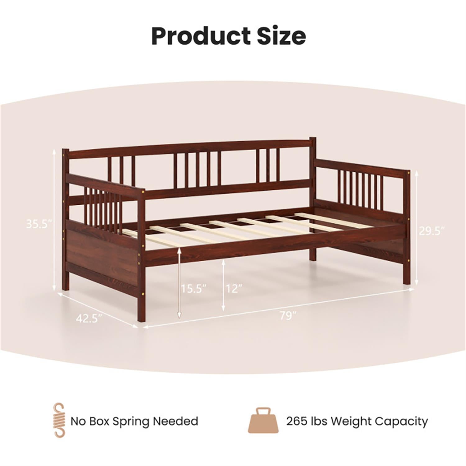 Demi Bonn Twin Size Wooden Slats Daybed Bed with Rails, Modern Bed Frame for Teens, Brown