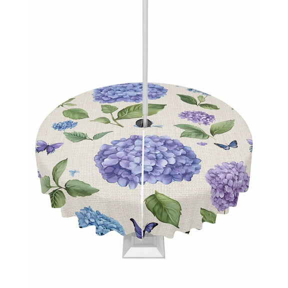 Fsddascl Purple Hydrangeas Outdoor Tablecloth - 60 Inch Round Dining Table Cover, Botanical Garden Florals Retro Waterproof Outdoor Table Cloth with Umbrella Hole & Zipper for Picnic/Patio/Party