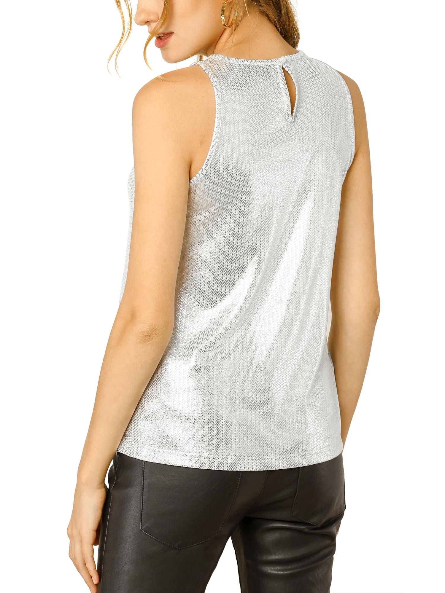 DARING DIVA Women's Metallic Sleeveless Tank Top L Light Silver