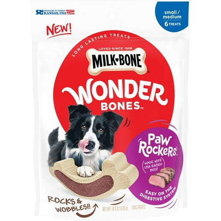 Paws Ceramic Bones - Milk-Bone Wonder Bones Paw Rockers Long Lasting Dog Treats with Real Beef, Small-Medium, 18.8 Oz.