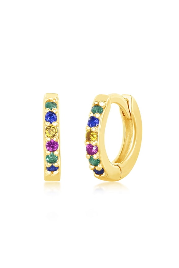 TheJewelryHut Designer Sterling Silver Rainbow CZ Small Huggie Hoop Earrings - Gold Plated