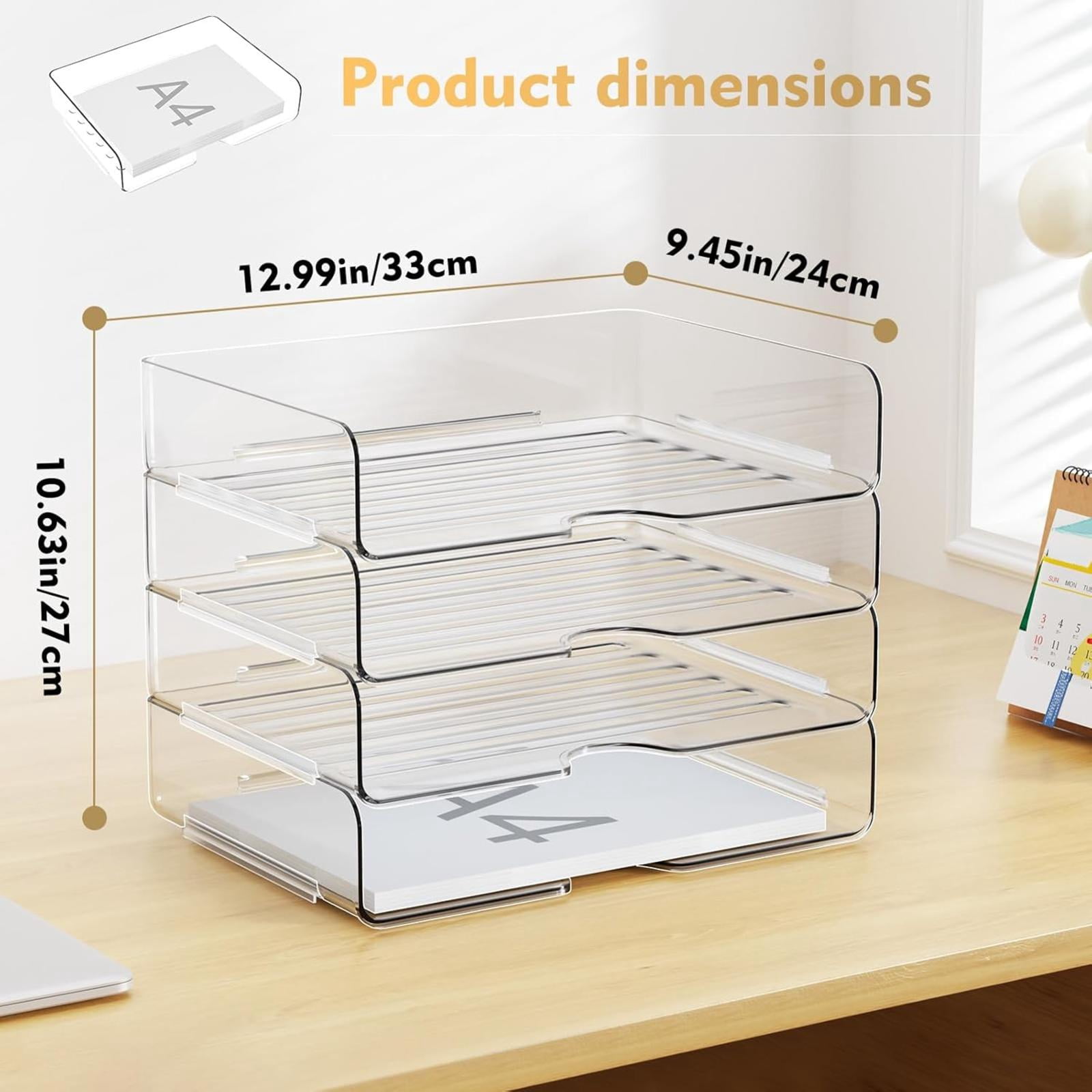 PHANCIR Clear 4-Tier Stackable Desk Organizer, Horizontal Paper File Tray, Desktop Document Sorter & Storage for Office, Home, School, Holds A4, Letters, Notebooks, Books & Office Supplies