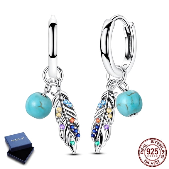 MULA European Women 925 Sterling Silver Hoop Earrings Feather Turquoise AAA CZ Jewelry Birthday Gift For Her