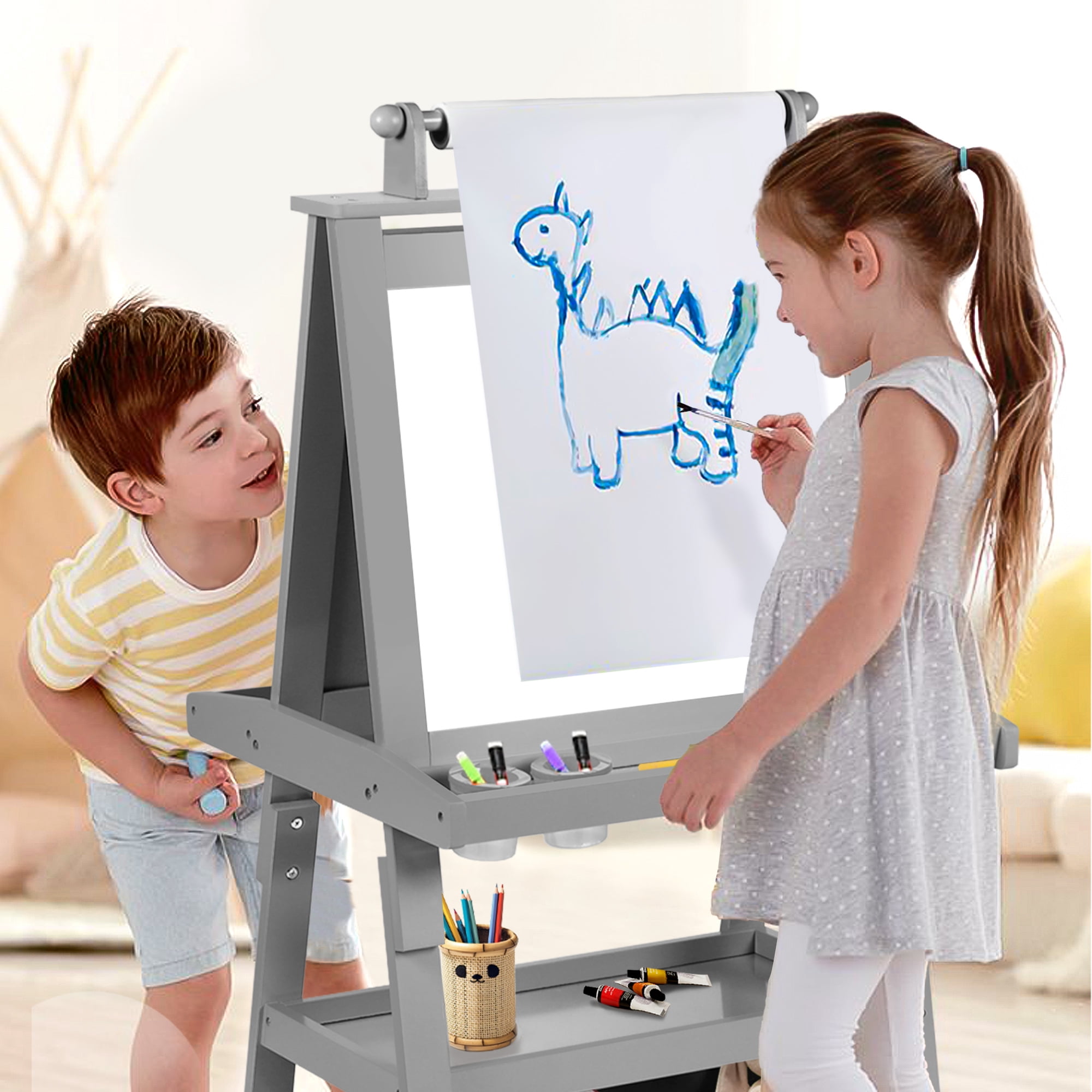 AILEEKISS 3 in 1 Kids Art Easel Double-Sided Magnetic Whiteboard Chalkboard with Paper Roller, Grey