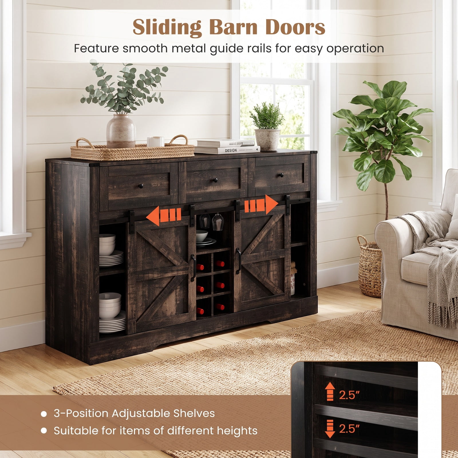 Furnibear 52 Inches Wine Bar Cabinet with LED Lights and Sliding Barn Doors for Living Room Kitchen Dining Home Bar Wine Storage, Black
