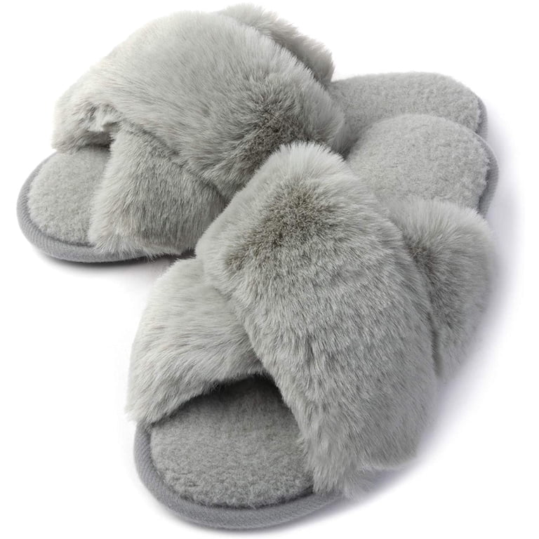 RockDove Women's Open Toe Fluffy Slippers with Memory Foam, Ladies