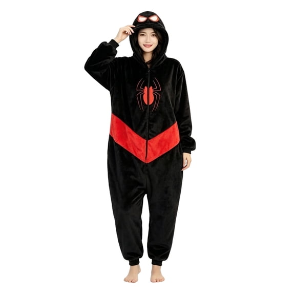 Spider Hero Fleece Cosplay Onesie Jumpsuit, Full Zip Hooded Web Print Pajamas Sleepwear for Adults Cosplay Party