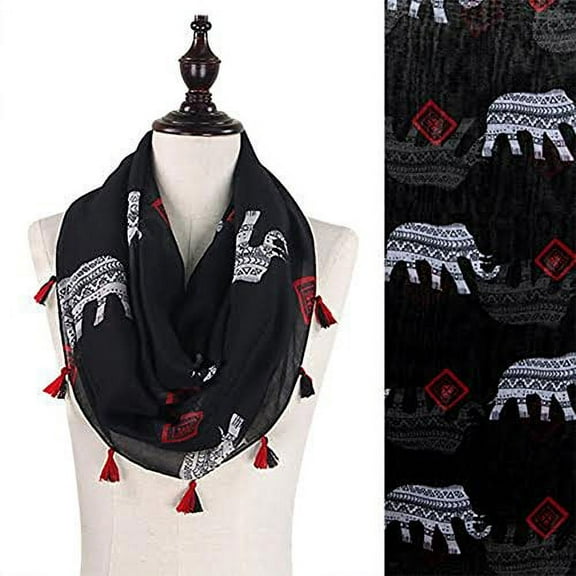 StylesILove Tribal Elephant Tasseled Infinity Scarf, 2 Colors (Black)