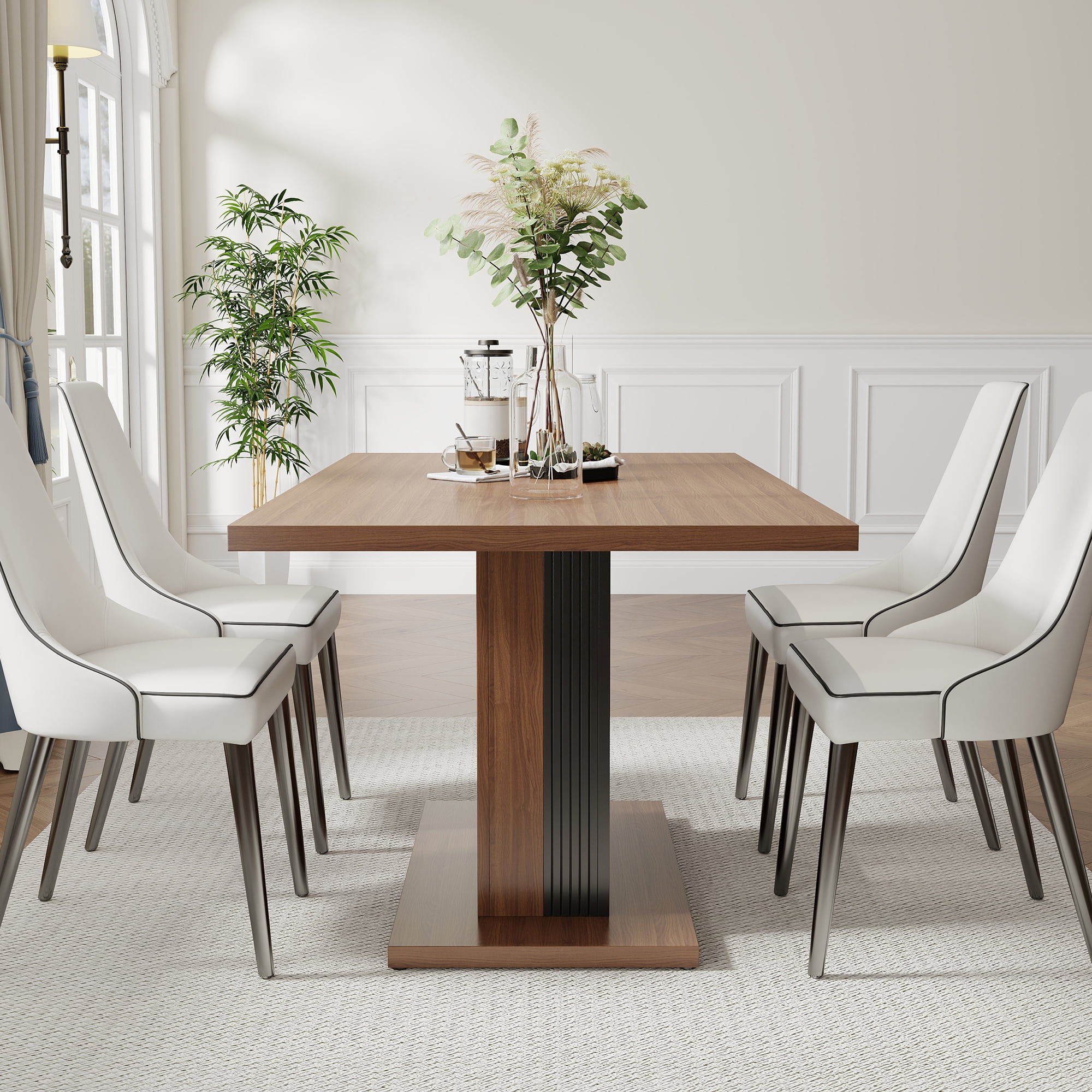 Manora 55.2'' Rectangular Dining Table for 4 People, Wood Farmhouse Dinner Table for Kitchen, Dining Room, Walnut & Black