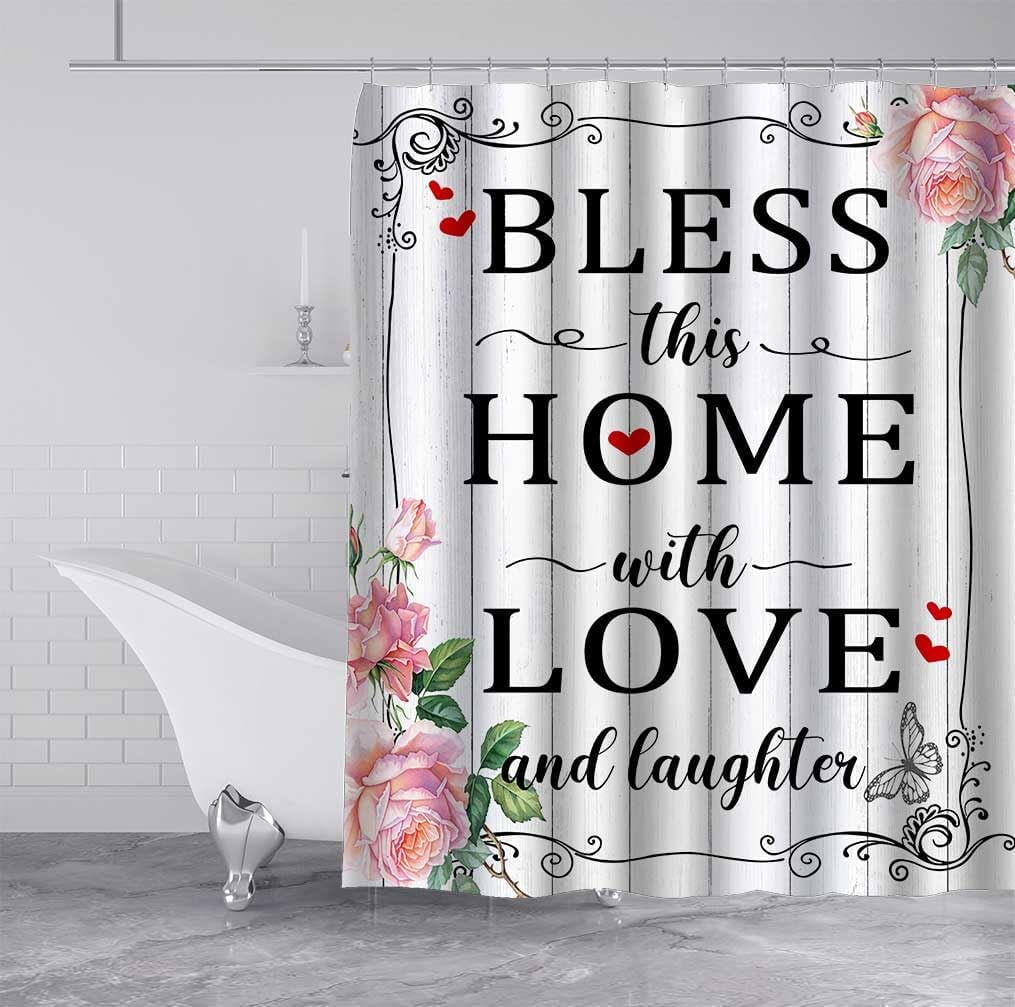 Pink Rose Shower Curtain, Inspirational Quotes Butterfly Spring Flower Rustic Farmhouse Romantic Valentine''s Day Bathroom Decor, Waterproof Polyester White Fabric Shower Curtain, 72 X 72 Inch
