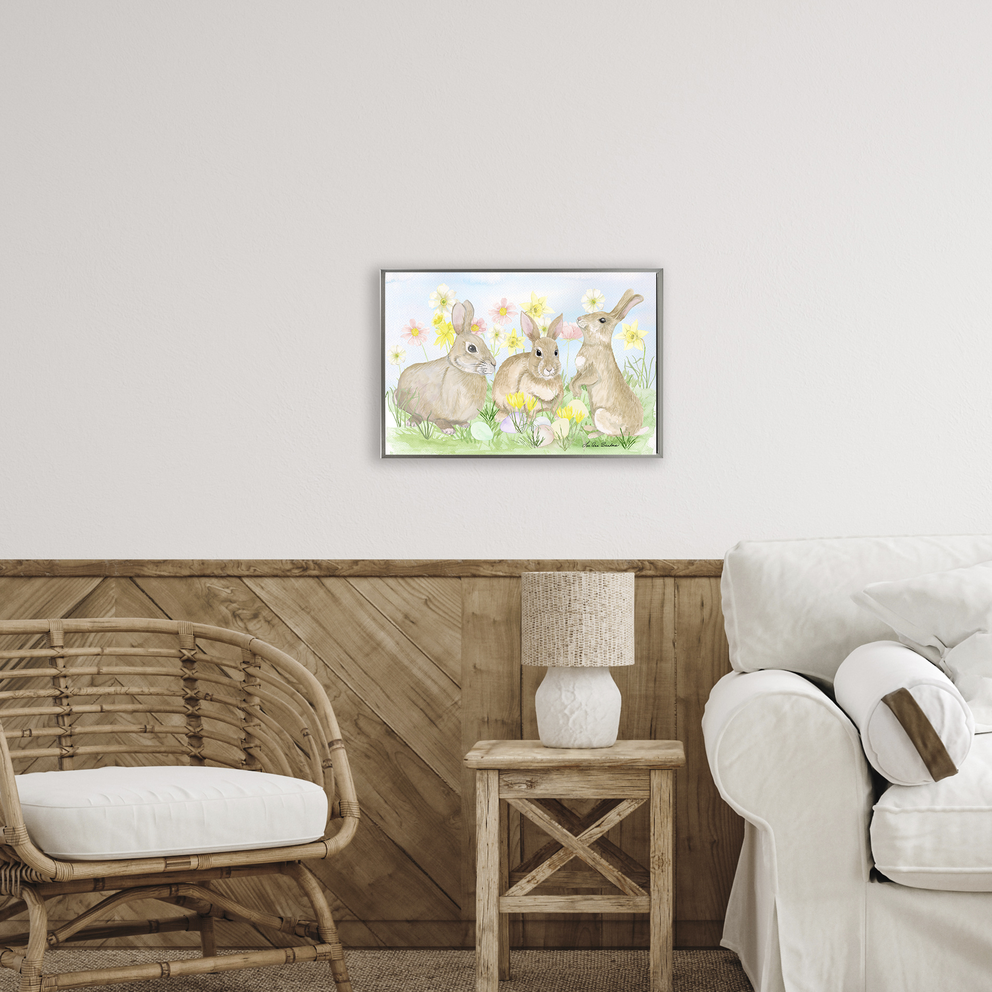 Three Bunnies In The Grass Gray Framed Floater Canvas Wall Art, design by Lee Ann Sanders