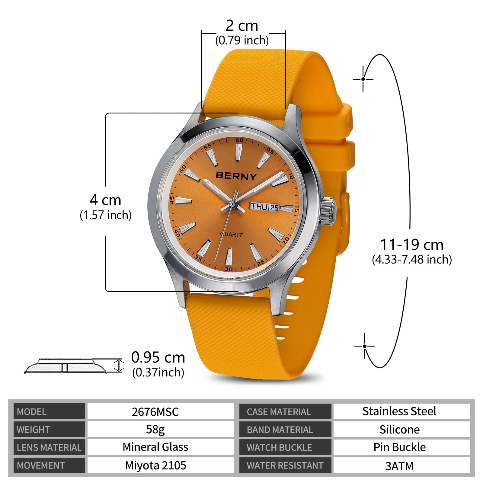 BERNY Quartz Watch for Men, Fashion Sports Men Watches with Silicone Strap, Date & Day Calendar, Casual Waterproof Men's Watch, Orange