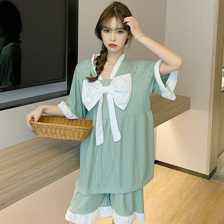 

PIKADINGNIS Soft Girls Pajamas Set Korean Summer New Short Sleeve Loose Leisure Sleepwear V-neck Women Nightwear Shirt Home Wear Clothes