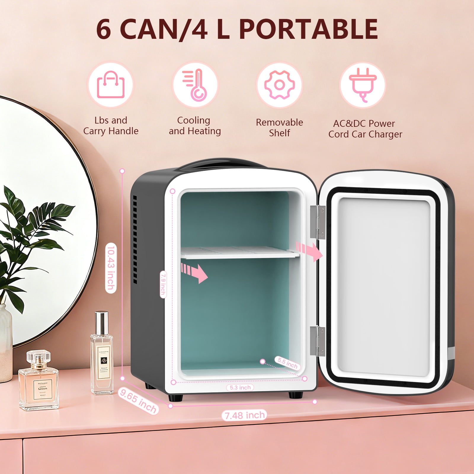 KNDKO Mini Fridge, 4L/6 Cans Cooler and Warmer Compact Refrigerator Skincare, Makeup & Drink, Portable Desk Fridge for Car, Office, Dorm, Black