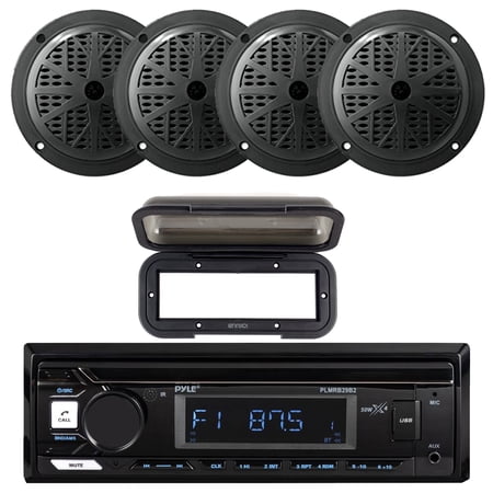 Pyle PLMRB29B2 Single DIN Marine USB Bluetooth AM/FM MP3 Stereo Receiver w/Radio Shield Cover 4x 6.5 120 Watt Max Power Dual Cone Boat Audio Black Speakers