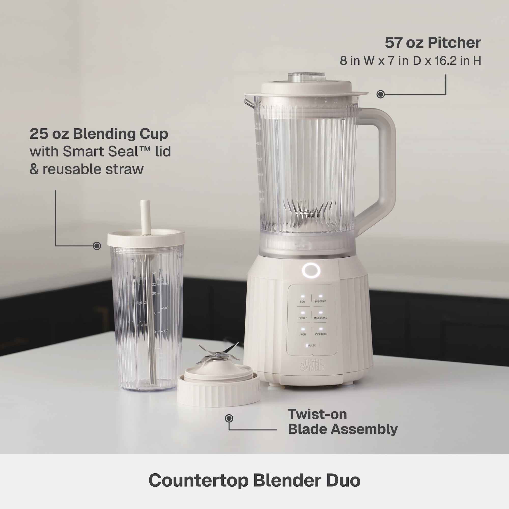 Thyme & Table Countertop Blender Duo, 1100W, 57oz Tritan Pitcher, 6-Point Stainless Steel Blade, 25oz To-Go Cup with Smart Seal™ Lid and Straw, Sand White