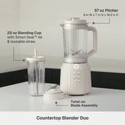 Thyme & Table Countertop Blender Duo, 1100W, 57oz Tritan Pitcher, 6-Point Stainless Steel Blade, 25oz To-Go Cup with Smart Seal™ Lid and Straw, Sand White