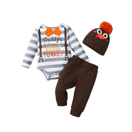

KIMI BEAR Newborn Baby Boys Thanksgiving Outfits 6-12 Months Round Neck Long Sleeves Romper Striped Letter Print Pullover Romper Top Solid Color Pants with Chick Hat 3pcs Pant Sets Brown