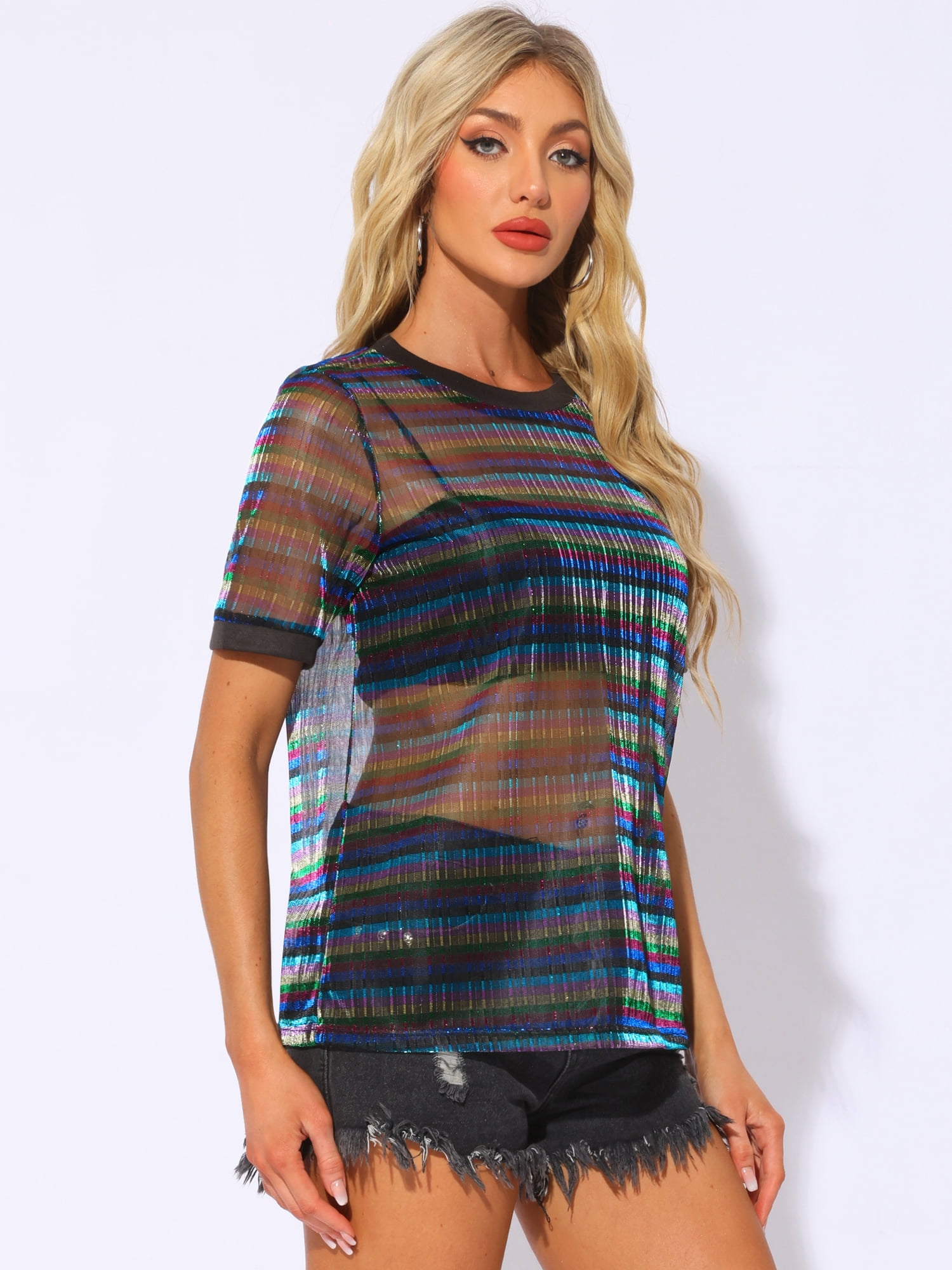 DARING DIVA Women's Sheer Mesh Top Contrast Short Sleeve T-Shirt M Multicolor Black