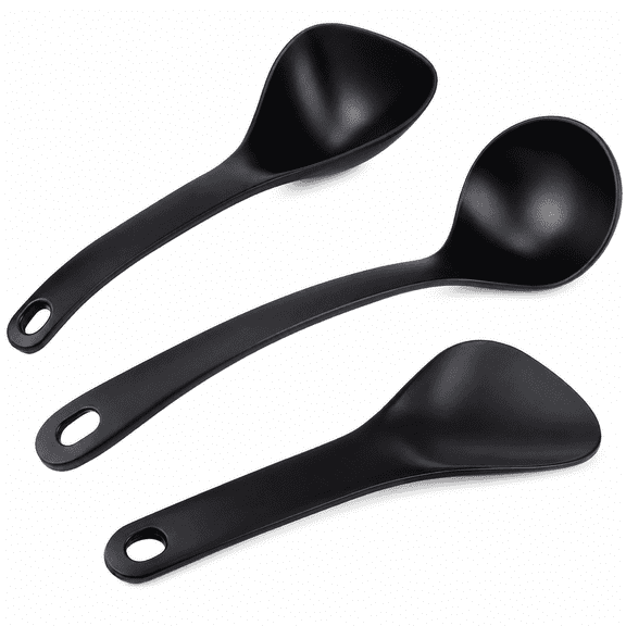 ABCISI Rice Paddle Spoon Set, Nonstick PPS Rice Scooper, Soup Ladle and Porridge Spoon for Rice, Soup, Potatoes and Everyday Cooking, Black, 3 Pcs