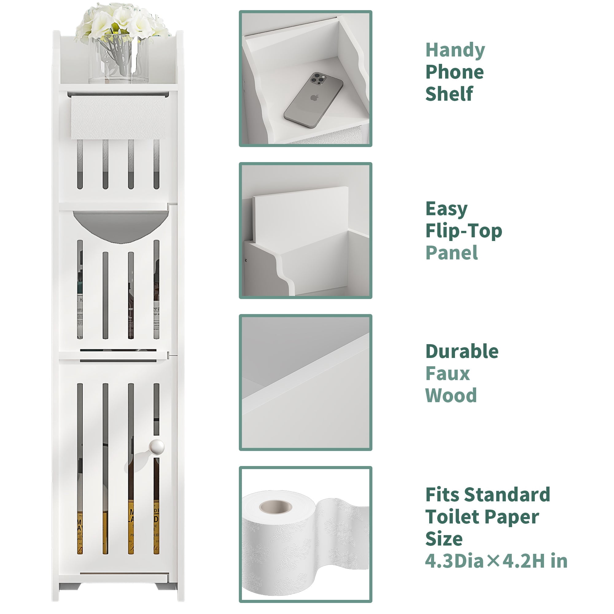 VECELO Small Bathroom Cabinet, Multi-layer Narrow Storage Cabinet with Door and Toilet Paper Holder, Corner Floor Cabinet for Small Spaces, White