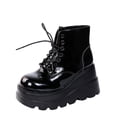 thumbnail image 1 of CEHVOM Chaussures pour Femmes Mode Bout Rond Talon Compensé Bas Lacets Cuir Verni Bottes Brillantes, 1 of 9