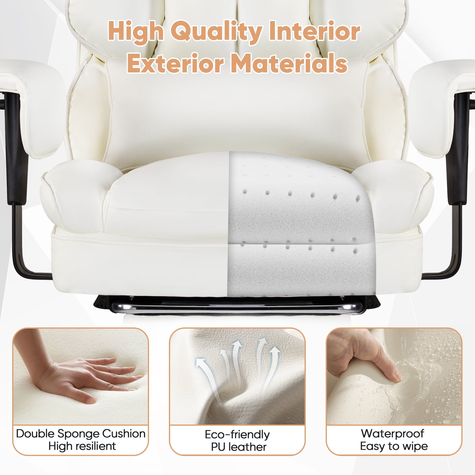 ZUNMOS Home Office High Back Reclining Desk Chair with Footrest, Big and Tall Adjustable Height PU Leather Executive Computer Task Chair with Leg Rest and Lumbar Support, Armrest, White