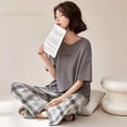 thumbnail image 4 of Conjunto de Pijama de manga corta para Mujer, ropa de dormir de punto a rayas, elegante, para estar en casa, talla grande 5XL, 4 of 4