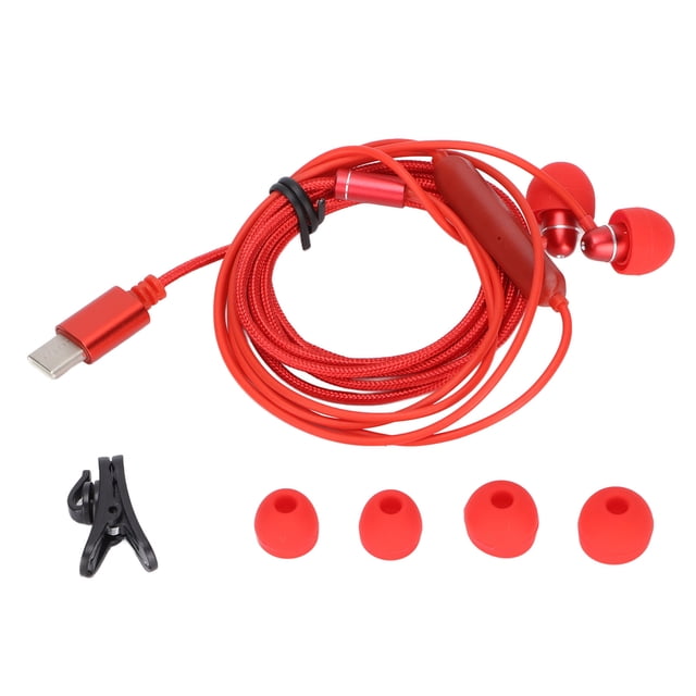 Auriculares tipo C de 1,2 m Auriculares con cable tipo C con micrófono y control de volumen para teléfonos inteligentes y computadoras Hilo de nailon rojo