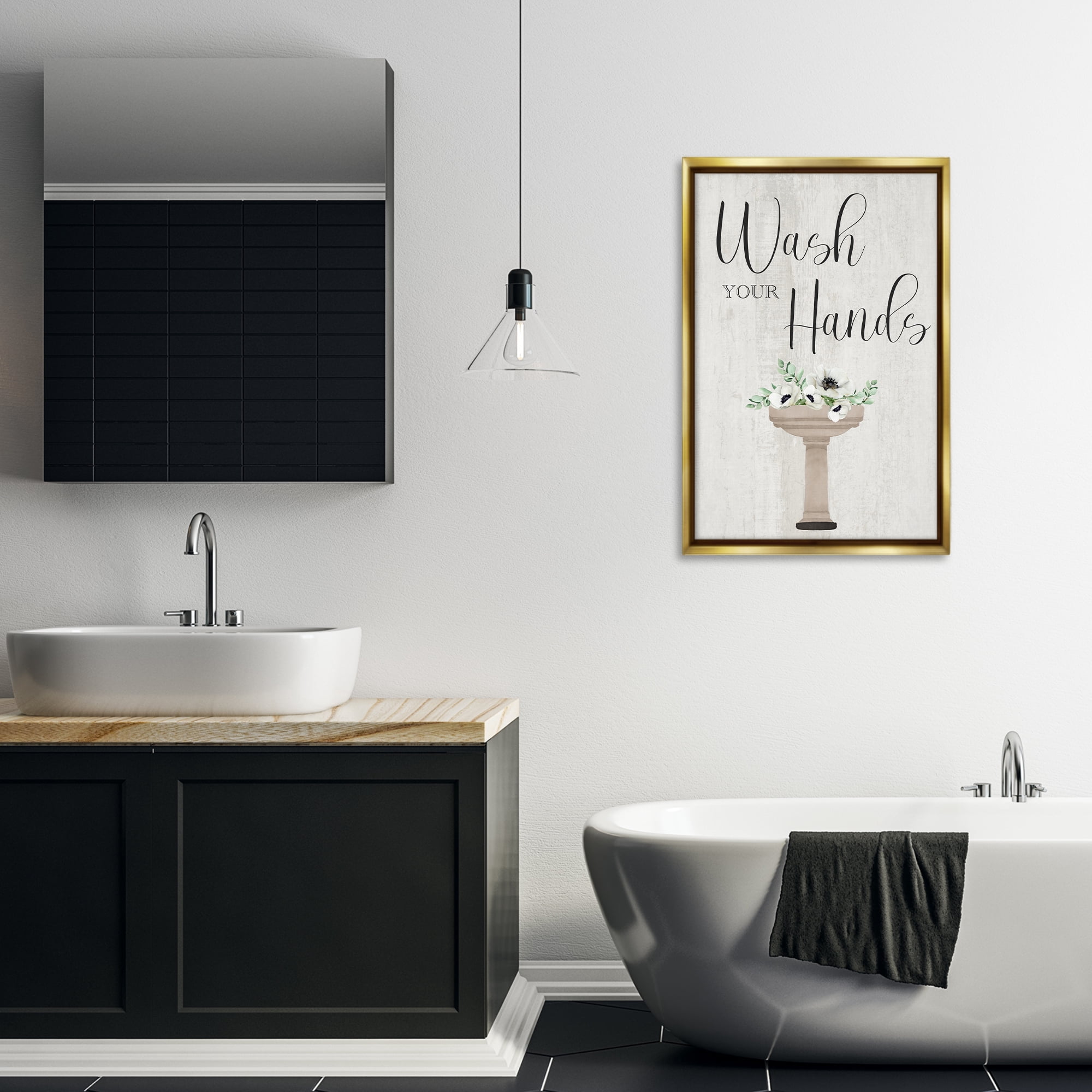 Stupell Industries Wash Your Hands Poppies Bath & Laundry Painting Gold Floater Framed Canvas Art Print Wall Art, 21 x 31