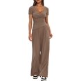 thumbnail image 4 of Womens V Neck Short Sleeve Top Wide Leg Pants Casual Comfortable Outfit Set Two Piece Khaki Color [Short Sleeve] XS, 4 of 5