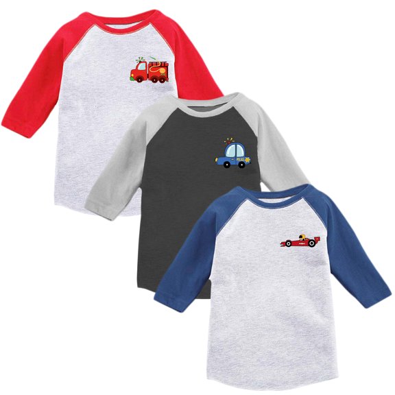 Toddler Boys Raglan Baseball Shirt Raglan Shirt Kids Boys Baseball Tee 2T Clothes 3T Outfits 4T T shirts 5T Shirts Firefighter Police Rally Cars - Pack of 3