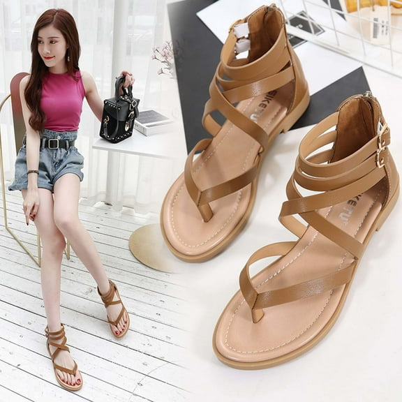 EQWLJWE Wide Width Sandals for Women Arch Support Sandals Open Toe Casual Wear Gladiator Flat Sandals Dressy T-Strap Thong Sandals for Hawaiian Trip