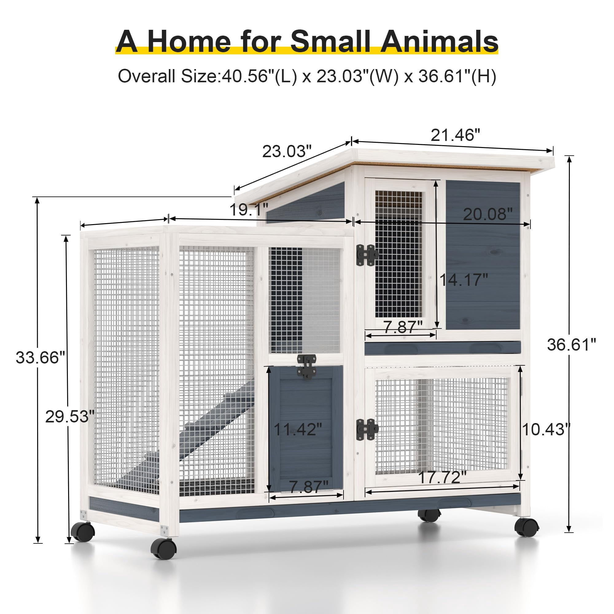 Phonjoroo Rabbit Hutch Indoor Bunny Cage Outdoor Wooden Guinea Pig House for Small Animals with Wheels, Ramp & Ramovable Tray (Grayish Blue)