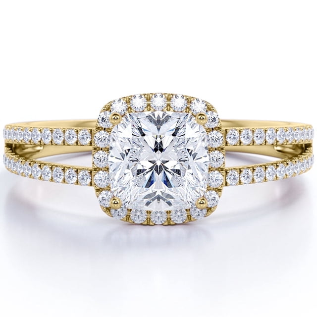 JeenMata Anillo de Compromiso de 1,25 Quilates con Corte de Cojín de Moissanita, Halo y Cuerpo Dividido, Chapado en Oro Amarillo de 18 K sobre Plata